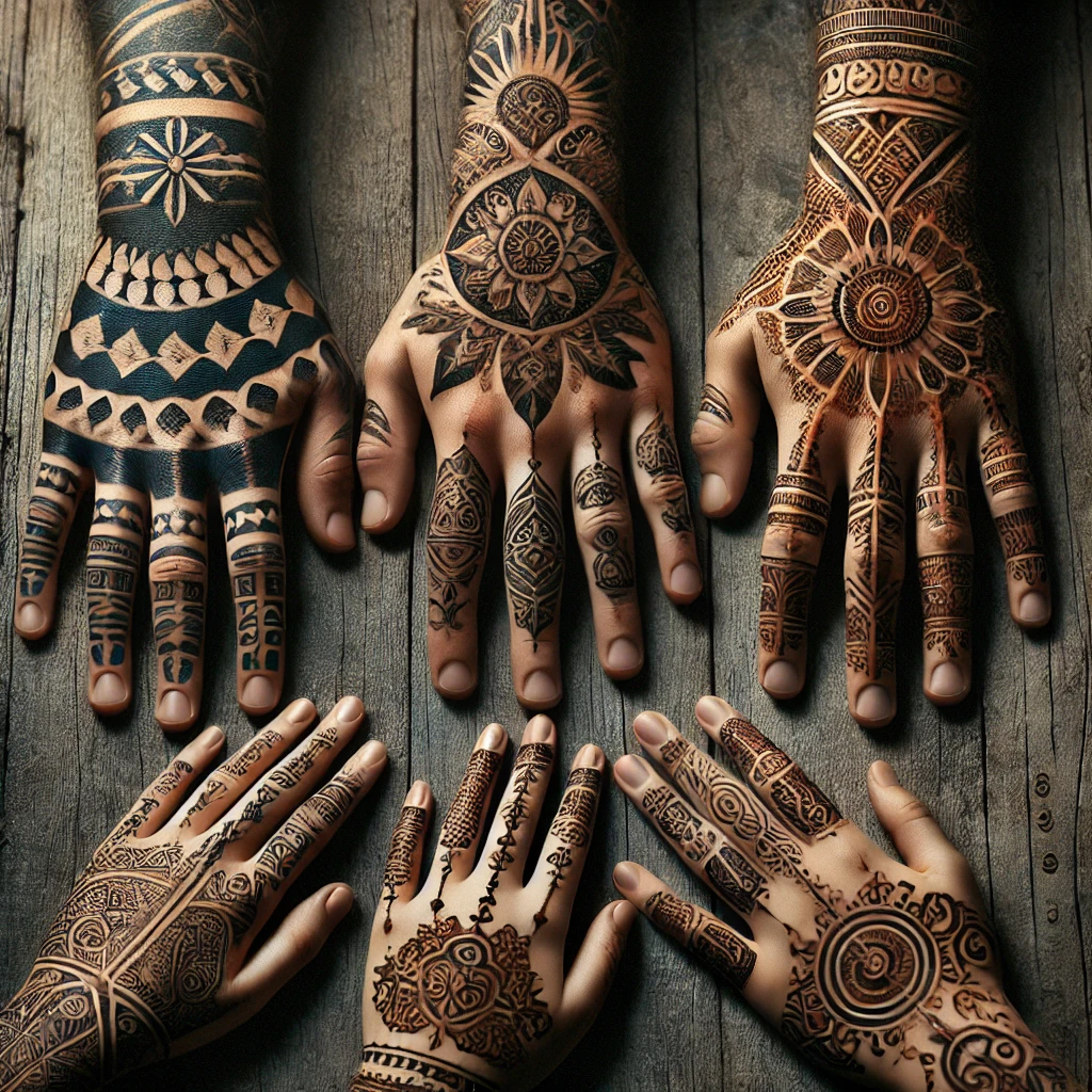 "Close-up of hands with Polynesian, henna, and Tebori tattoos."
