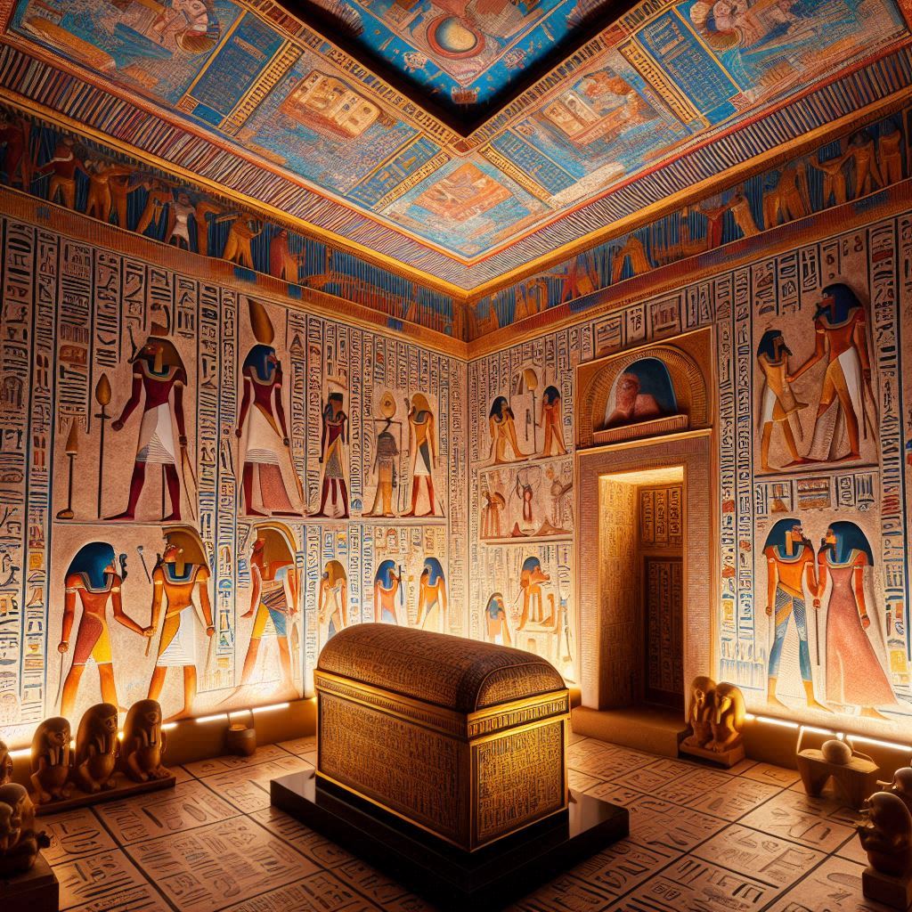 a room with a coffin and egyptian paintings