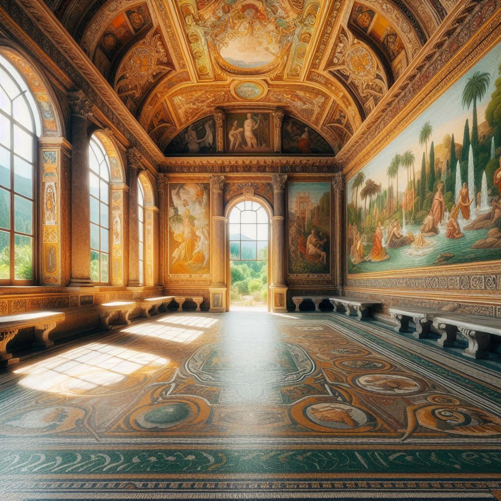 a large room with a mural on the wall