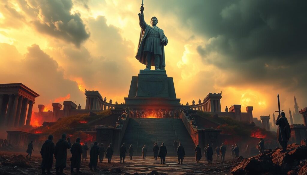a large statue of a man holding a sword in front of a group of people